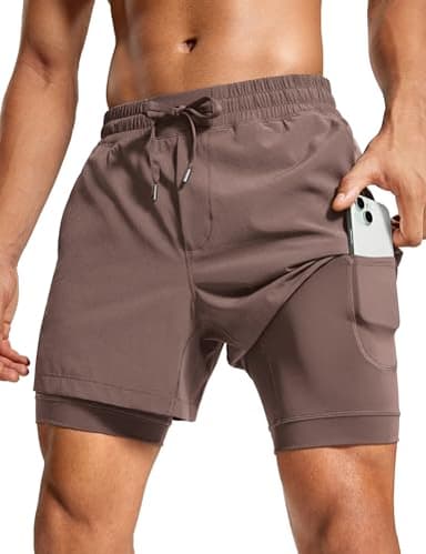 CRZ YOGA 2 in 1 Mens Athletic Shorts 5'' with Liner Quick Dry Lightweight for Running Sports Gym with Pockets Brown Rock Medium