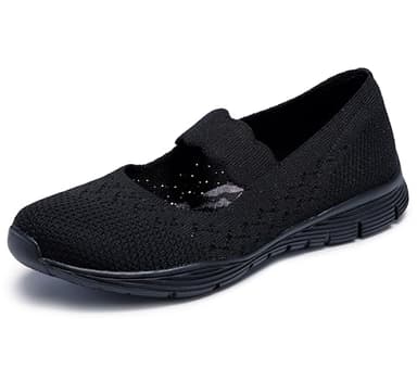 Skechers Women's Seager - Power Hitter - Engineered Knit Mary Jane Shoe, Black/Black, 9 M US