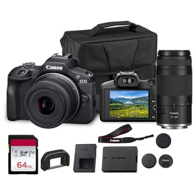 Canon EOS R100 Mirrorless Camera Double Lens Kit with RF-S 18-45mm and RF 75-300mm Lenses | Compact 24.2MP APS-C Camera with 4K Video, Dual Pixel Autofocus with Bag and 64GB Card