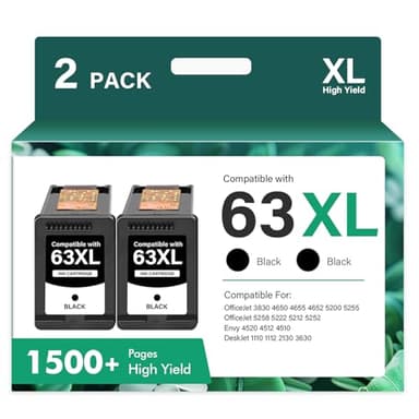 63 63XL Black Ink Cartridge Replacement for HP63XL Ink 63 XL for HP Envy 4520 OfficeJet 3830 4650 5255 5258 5200 4655 4512 DeskJet 1112 3630 2130 2132 3632 Printer 2-Pack