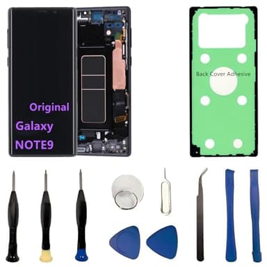 Original 6.4" AMOLED Display for Samsung Galaxy NOTE9 Screen Replacement OEM Note 9 SM-N960U SM-N960F Display Touch Screen Digitizer Assembly (with Black Frame+Back Cover Adhesive+Tools)