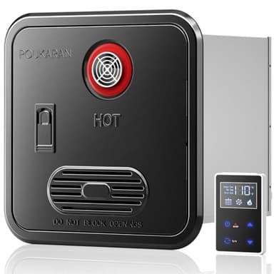 Poukaran 65,000 BTU RV Tankless Water Heater, High Altitude Available, DC 12V, with Front Water Outlet and 15x15 inch Black Door, On Demand Instant Hot Water Heater, Compatible with all RVs