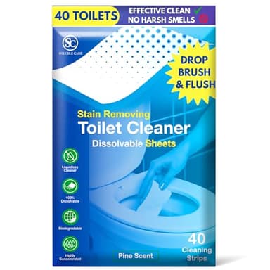 Soluble Care: Dissolvable Toilet Bowl Cleaner Sheets (No Bottles, Easy Clean, Quick-Dissolving, Mess-Free, Septic-Safe Cleaning for Home & Office) - 40 Sheets, Pine Scent