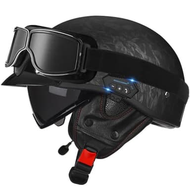 Open Face Men Women Bluetooth Half Helmet Retro German Style Skull Visor Goggles Half Face Helmet DOT Approved Moped Scooter V Moped Bluetooth Motorcycle Helmet(A5,Medium)