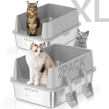 2PACK Stainless Steel Litter Box, Metal Litter Boxs with Lid High Sides, XL Extra Large Litter Box for Big Cats, Never Absorbs Odors, Leak-Proof, Stain-Free, Rust-Free, Easy to Clean, Scoop Included