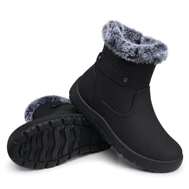 SHIBEVER Women's Snow Boots Winter Fur Lined Waterproof Anti-Slip Leather Women Ankle Snow Boots Black Size 8