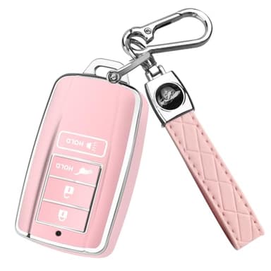 QBUC Key Fob Cover for Acura MDX 2014-2020, for Acura RDX 2015-2021, Soft Key Shells Case with Keychain for ILX RLX TLX 2015-2022 Car Accessories(4 Button,Silvery-Pink)