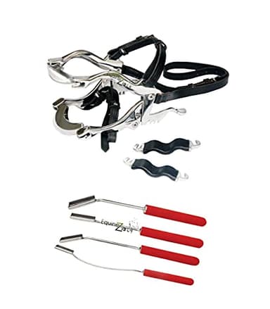 Equine Dental Speculum Horse Mouth Gag Stainless Steel McPherson Leather Straps and Dental Floats Set 4 Pieces with Blades