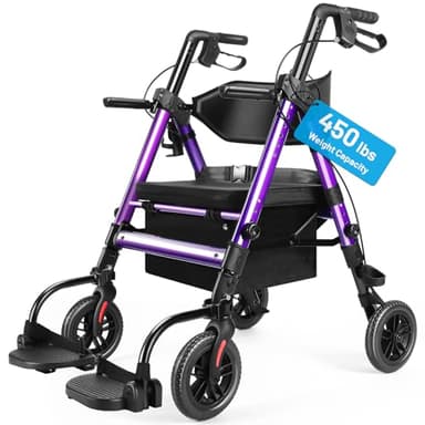 Heavy Duty Rollator Walker for Seniors with Seat, Foldable 2 in 1 Rolling Walkers Wheelchair Combo for Adult, All Terrain Wheels, Adjustable Transport Chair with Brake, 450 lb. Weight Capacity, Purple