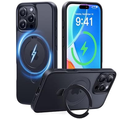 CASEKOO Ultra-Magnetic Stand for iPhone 16 Pro Case [Military Drop Protection] [Compatible with MagSafe] Shockproof Translucent Matte Slim Ring Holder Case for iPhone 16 Pro 6.3", Black