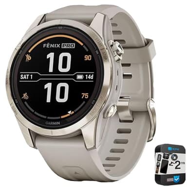 Garmin Fenix 7S Pro Solar, Sapphire, Soft Gold Steel, Light Sand Bundle with 2 Year Enhanced Protection Pack (Renewed)