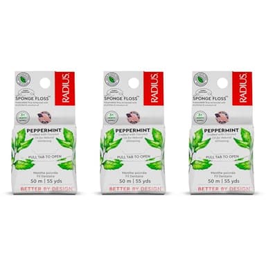 Radius Dental Floss, Sponge Floss, Peppermint, 55 Yards, Vegan & Non-Toxic Oral Care Designed to Help Fight Plaque, Pack of 3