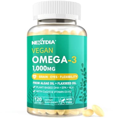 Vegan Omega 3 DHA EPA ALA Supplement with 5000IU Vitamin D3 K2 (MK7), CoQ10 for Women Men | Fish Oil Alternative | Plant Based Algae Oil Omega 3 1000mg Pills for Bone, Brain, Eye, Skin | 120 Softgels