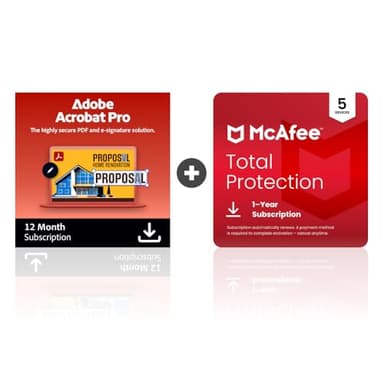 Adobe Acrobat Pro + McAfee Total Protection 5-Device Software Bundle | Create, Edit, E-Sign PDFs | Antivirus Software, Scam Protection, Identity Monitoring | 12-Month Subscription | Digital Download