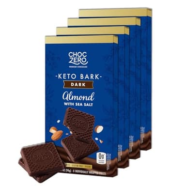 ChocZero Dark Chocolate Almond Bark with Sea Salt, Sugar Free, Vegan, Low Carb, High Fiber, Keto Friendly, No Sugar Alcohols (4 Count, 3.2oz Boxes)