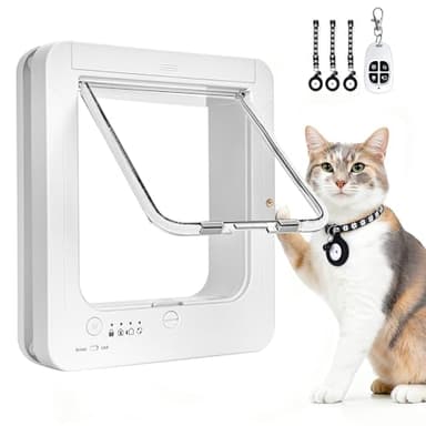 Smart Cat Door for Interior & Exterior, RFID Cat Pet Door with 3 Collar Sensor Keys & 1 Remote Control & 4 Way Locking Cat Flap with Collar Sensors Activated Opening CatDoor (White) (White)