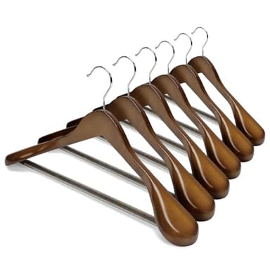 HOUSE DAY Wide Shoulder Wooden Hangers, Suit Hangers with Non Slip Pants Bar, Smooth Finish 360° Swivel Hook Solid Wood Coat Hangers for Dress, Jacket, Pants, Heavy Clothes Hangers 6 Pack (Walnut)