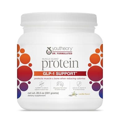 Youtheory Muscle Guard Protein GLP-1 Support - Whey Protein Powder Supplement - for GLP-1 Users - Supports Muscle & Bone - with myHMB, Calcium & Vitamin D - 20.5 oz Powder
