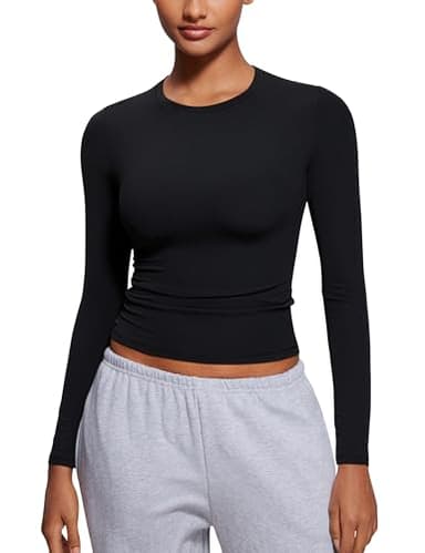 CRZ YOGA Softembrace Long Sleeve Shirts for Women Soft Crew Neck Fall Basic Tight Tops Fitted Casual Going Out T-Shirts Black Large