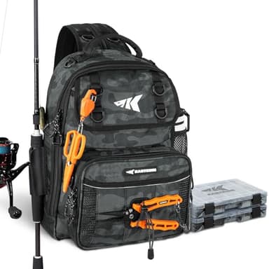 KastKing BaitSpace Fishing Tackle Bag, Water-resistant Tackle Storage with 2 Black Camo Tackle Boxes & Detachable Soft Bait Binder, Adjustable Backpack for Bank, Wading, & Boat Fishing