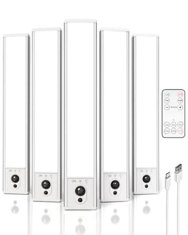 EZVALO 5-Pack Under Cabinet Lighting, 2400mAh Motion Sensor Light, LED Closet Lights Wireless, 6500K Dimmable, Timer, Magnetic, with Remote Control for Kitchen, Closet, Stair