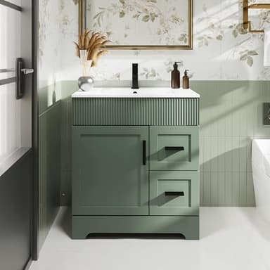 eclife 30" Bathroom Vanities Sink Combo with Painted Surface, Modern Drawered Cabinet W/Decorative Wave Lines, Undermount Single Sink, Matte Black Faucet Drain, Gray Green