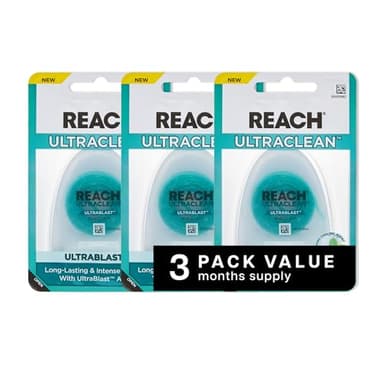 REACH® ULTRACLEAN ULTRABLAST, Cool Mint Dental Floss, Plaque Remover for Teeth, Shred Resistant, Waxed, Easy on Gums & Teeth, Fresh Breath, Oral Care, PFAS Free, for Adults & Kids, 3 PK, 25 YD