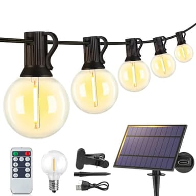 Larkvue 25FT Solar String Lights Outdoor with Remote, Waterproof Dimmable 3 Modes Patio Lights with 10+1 LED Shatterproof G40 Bulbs for Backyard-Black