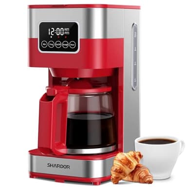 SHARDOR 10-Cup Programmable Coffee Maker, Regular & Strong Brew Drip Coffee Machine for Home and Office, Auto Shut Off, Permanent Filter (red)