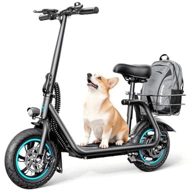 AWWSCOOTER C1 Electric Scooter with Seat for Adults, 450W Motor, 20-Mile Range, 16MPH, Foldable Commuter E-Scooter with Basket for Grocery, Pets, and Daily Commute– Matte Black