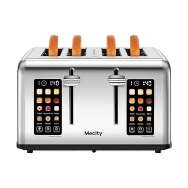 Mecity 4 Slice Toaster with Touch Screen Control, 4 Wide Slots, Stainless Steel Smart Bread Toaster for Bagels, Muffins, Waffles, Dual Control Panel, Timer, Defrost, Reheat, 120V 1650W