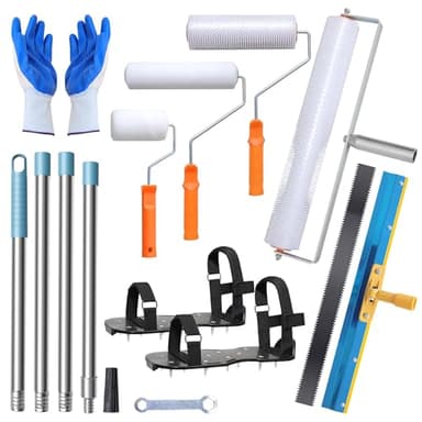 Self Leveling Cement Tool Kit- Epoxy Floor Tool Kit Includes Self-Leveling Rake, 2 Spiked Roller, 2 Flooring Construction Painter Roller, 16“-63” Telescopic Poles, Epoxy Spike Shoes and Gloves