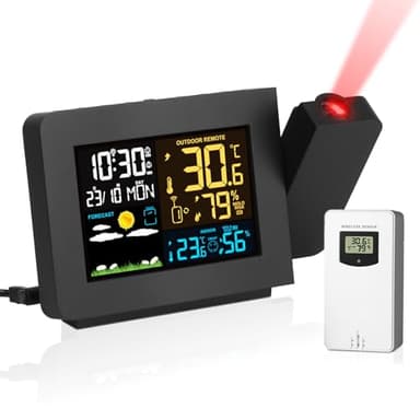 Zorpupoa Projection Alarm Clock, WWVB Atomic Projector Radio Control Clock for Bedroom Ceiling with Weather Station, Snooze, Outdoor Wireless Temperature Humidity Sensor, Dual Alarms, 180° Rotatable