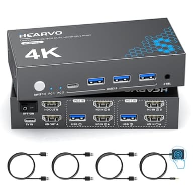 HDMI KVM Switch 2 Monitors 2 Computers, USB 3.0,4K@60Hz KVM Switches Sharing of Dual Monitors Keyboard Mouse and Printer Between 2 Computers，with EDID，2 USB Cables and Controller -S7232H2