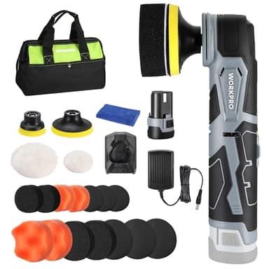 WORKPRO Cordless Mini Buffer Polisher, 12V Buffer Polisher for Car Detailing, 5 Variable Speed Up to 3000RPM, Compact Cordless Polisher Kit for Waxing, DIY Projects, Furniture Polishing