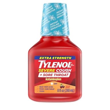Tylenol Extra Strength Severe Cough + Sore Throat Daytime, Multi Symptom Cold Relief Liquid, Acetaminophen Pain Reliever & Dextromethorphan HBr Cough Suppressant, Cooling Cherry, 8 fl. oz