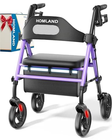 HOMLAND Foldable Rollator Walkers with Seat for Seniors, 8'' Big Wheels, 350 lb. Weight Capacity, Adjustable Handles and Seat Height, Lightweight Rolling Walker, Purple