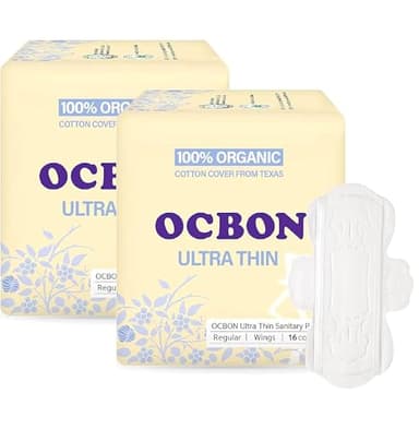 OCBON Unscented Ultra Thin Sanitary Pads (32 Count, Regular) – Organic Cotton Feminine Pads with Wings for Women, Super Absorbent & Soft, Period Protection, Hypoallergenic