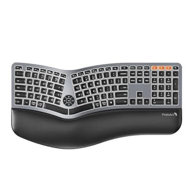 Backlit Bluetooth Ergonomic Keyboard, ProtoArc EK01 Plus Full Size Wireless Split Keyboard with Dual Bluetooth and USB, Cushioned Wrist Rest, Rechargeable for Windows/Mac/Android, Grey Black