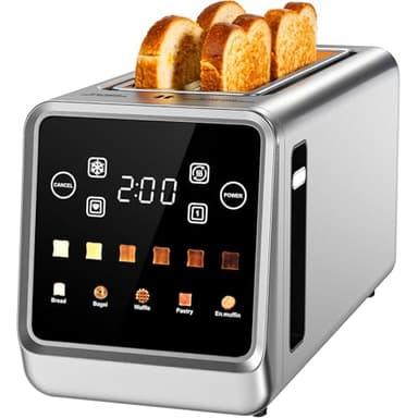 4 Slice Toaster with Smart Digital Touchscreen & 1-Touch Memory | Stainless Steel Long Extra-Wide Slot for Bagels & Artisan Bread | Single-Slice Defrost and Reheat Modes