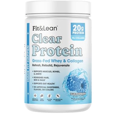 Fit & Lean Clear Protein Powder with Whey Isolate Protein and Collagen, Grass Fed, Muscle Recovery, Skin, Joints, GLP-1 Support, 0g Sugar, Blue Raspberry, 20 Servings