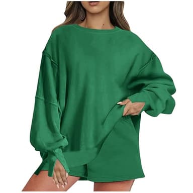 2 Piece Outfits For Women Oversized Crew Neck Sweatshirts And Shorts Tracksuit Set Casual Fall Sweatsuit Lounge Sets Oversized sweatshirts for women Green L