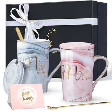 Jumway Wedding Gifts for Bride and Groom, Gifts for Bridal Shower Engagement Wedding and Married Couples Anniversary - Ceramic Marble Coffee Mugs with Real Gold Mr/Mrs Letters 14 Oz Pink