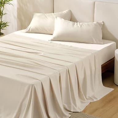 Bedsure King Size Sheets Set, Cooling Sheets for Hot Sleepers, Rayon Derived from Bamboo, Breathable & Soft, Deep Pocket Up to 16 Inches, Hotel Luxury Silky Bedding, Light Beige