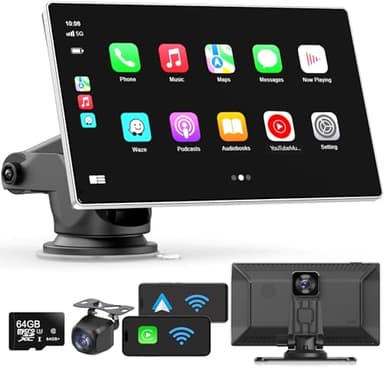 Madoec Portable Apple Carplay Screen for Car, 9" Wireless Apple Carplay & Android Auto,4K Dash Cam,1080p Backup Camera DVR,Car Audio Receivers GPS Navigation Mirror Link, Bluetooth,FM, Siri