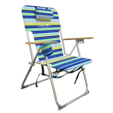 CARIBBEAN JOE Folding Beach Chair, 4 Position Portable Backpack Foldable Camping Chair with Headrest, Cup Holder, and Wooden Armrests (Blue, Lime Stripe, 300lbs Capacity)