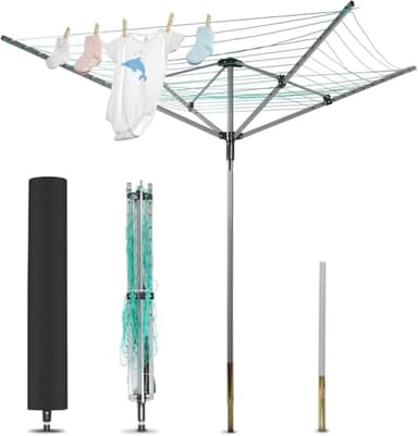 ISXACFF Umbrella Drying Rack Outdoor Umbrella Clothesline Rotary Retractable Clothes Line Adjustable Height 4 Arms Heavy Duty Clothesline Drying Rack 12 Lines with 165 Feet Clothes Line for Backyard
