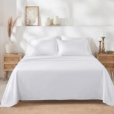 California Design Den Natural 100% Cotton Sheets Queen Size Bed Set - Soft 400 Thread Count Sateen, Queen Sheets, Deep Pockets with All Around Elastic for a Snug Fit, Durable Bedding - White