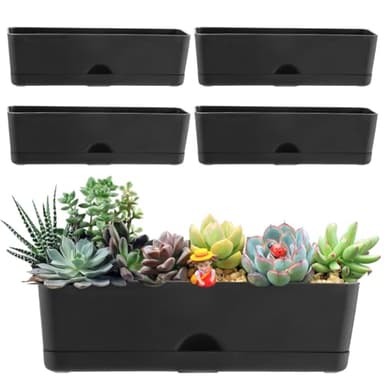 5 Pack Window Boxes Planters 16 Inches Rectangular Planter Herb Planter Boxes Large Plastic Flower Pots Rectangle Black Planter Outdoor and Indoor Succulent Window Sill Planter Self Watering Pots