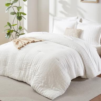 CozyLux Queen Comforter Set White Seersucker 7 Pieces Bed in a Bag Queen Comforter Set with Sheets, Luxury Soft Bedding Set with Down Alternative Comforter, Sheets, Pillowcases & Shams for All Seasons